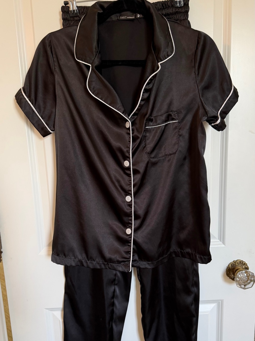Tart Collections Black Satin Short-Sleeve Pajama Set with White Piping